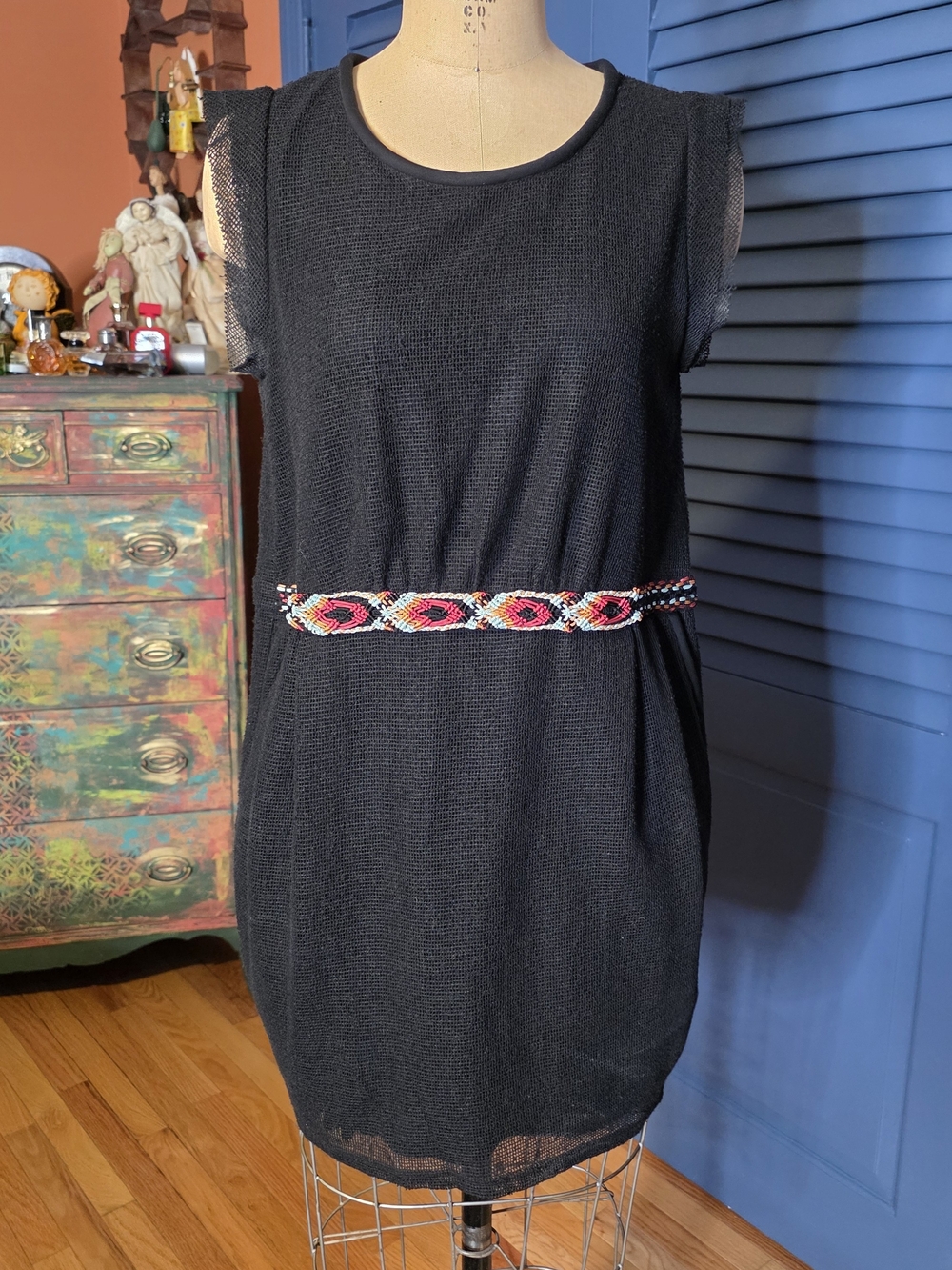 See U Soon Black Mesh Aztec Embroidered Waist Mini Dress - Size M